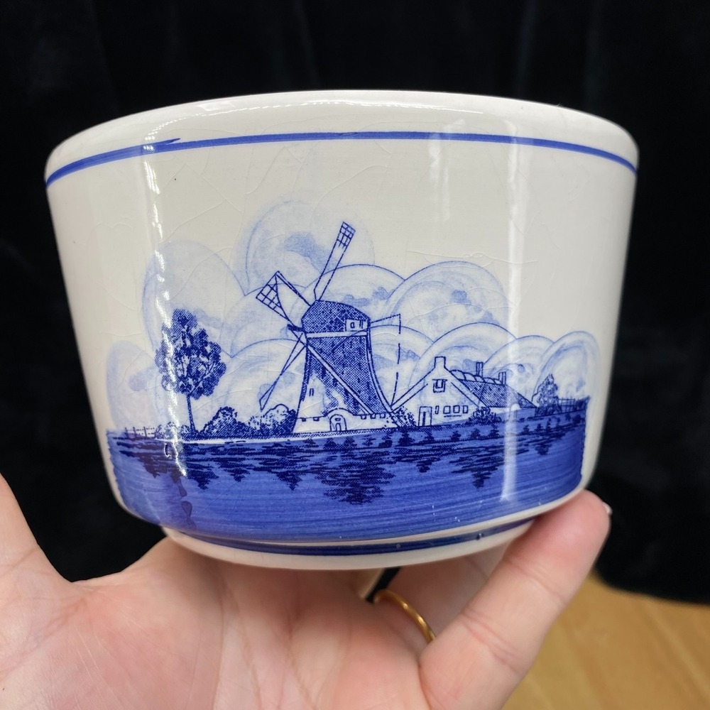 Vintage Delft Blue & White - Dutch Windmill & Sailboat Bowl/Planter Taiwan